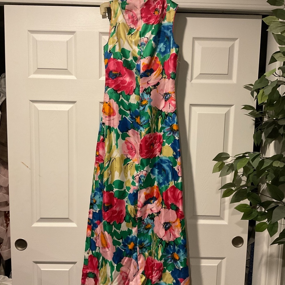 Dynasty 1960s Vintage Silk Japanese Oriental Hawaiian Flower Maxi Dress Y2K, 10 - Picture 6 of 6